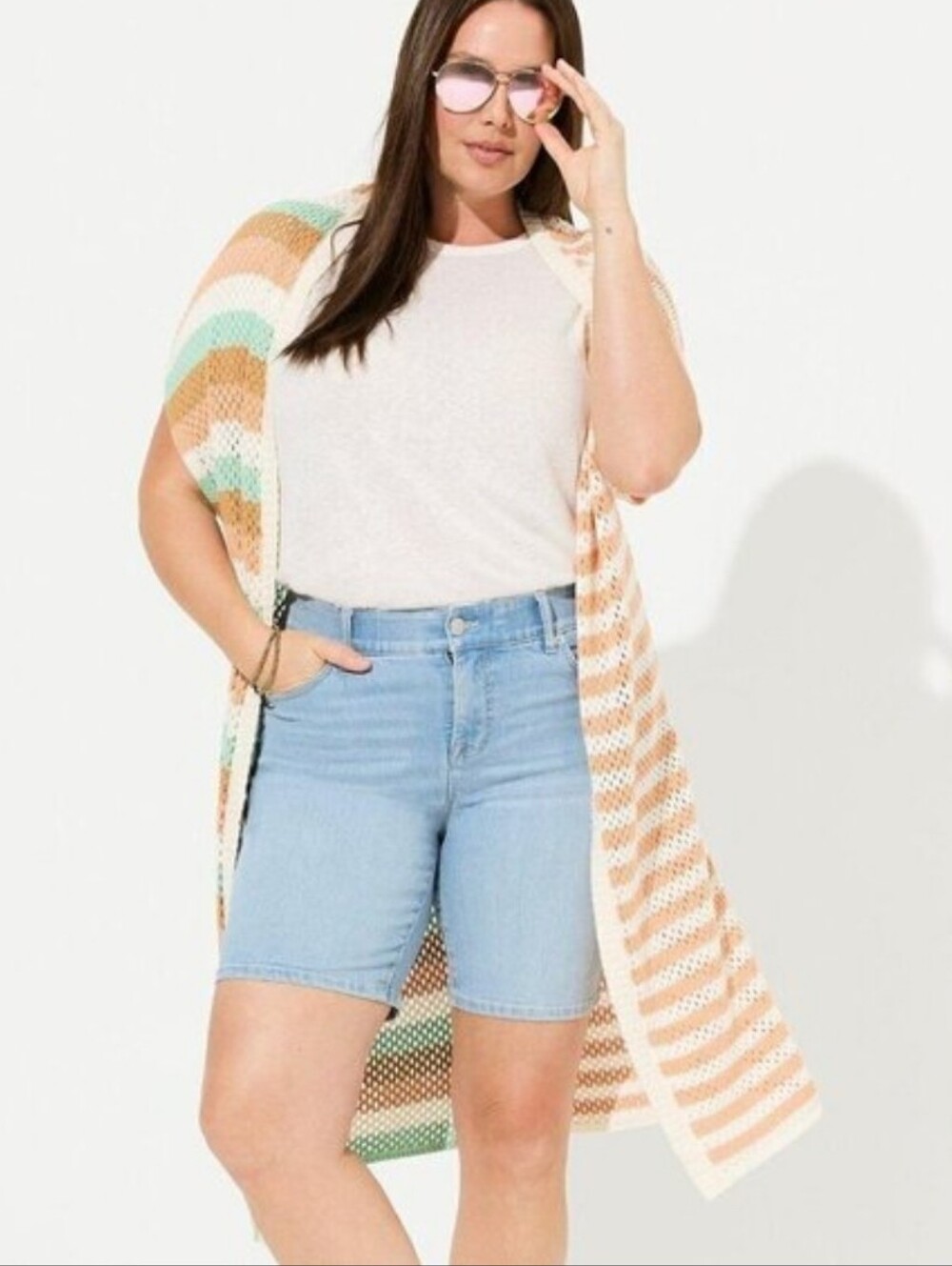 Torrid-Sweater Vest Crochet Duster Stripe Open Front Boho, 1/2